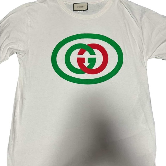 Authentic Gucci White T-Shirt with Multicolor Red/Green Monogram Logo Size Large